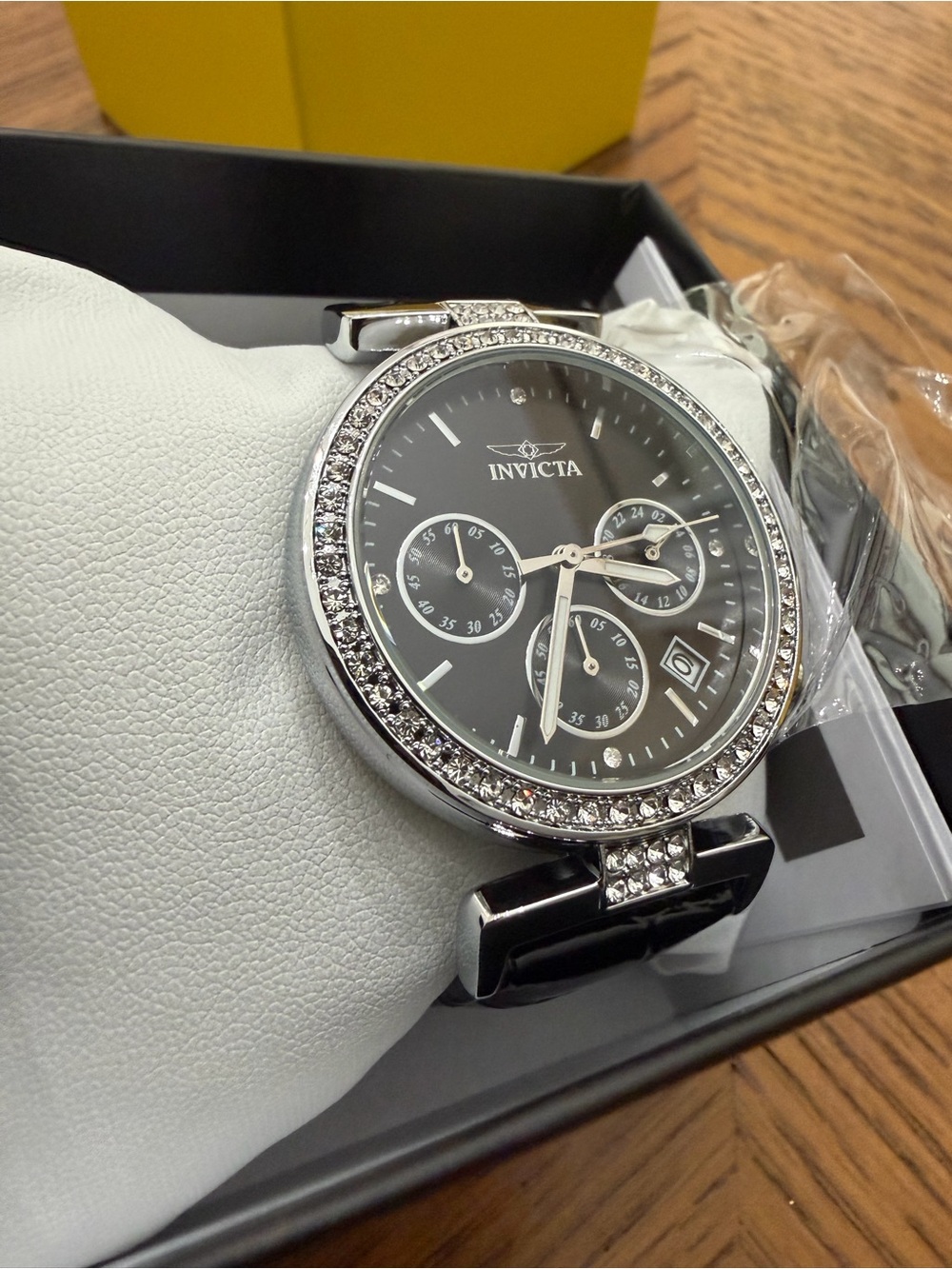 Invicta Celestial Black and Silver Crystal Chronograph Watch with Leather Strap - Picture 2 of 5